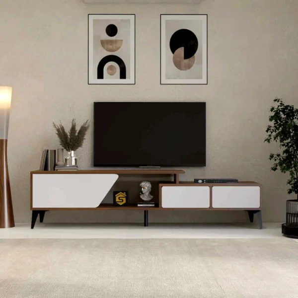 طاولة تلفزيون حديثة بمساحات تخزين ذكية