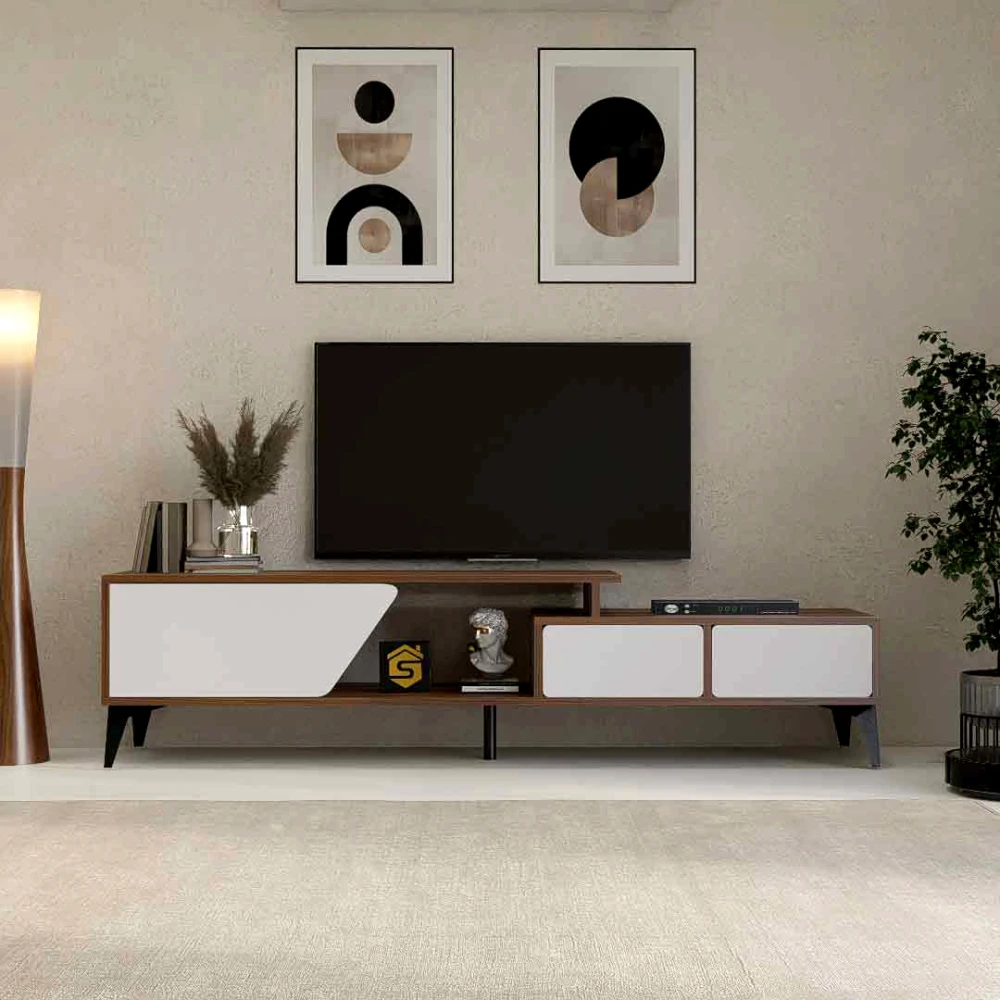 طاولة تلفزيون حديثة بمساحات تخزين ذكية