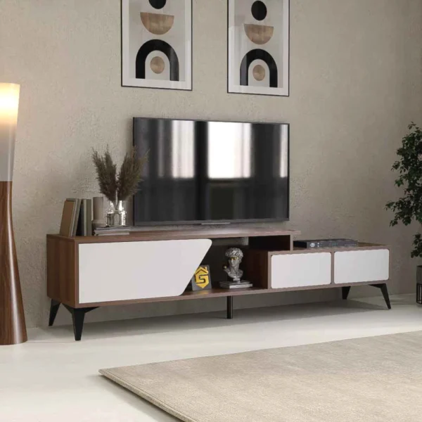 طاولة تلفزيون حديثة بمساحات تخزين ذكية