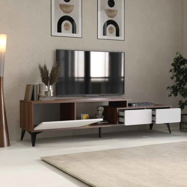 طاولة تلفزيون حديثة بمساحات تخزين ذكية