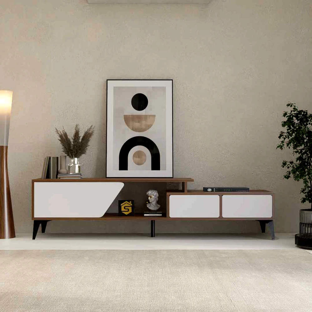 طاولة تلفزيون حديثة بمساحات تخزين ذكية