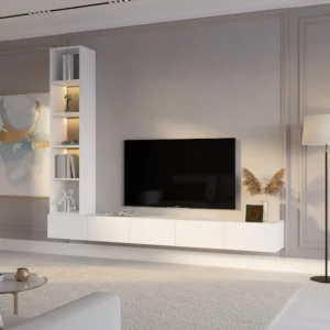 وحدة تلفزيون معلّقة بيضاء مع رفوف مضيئة