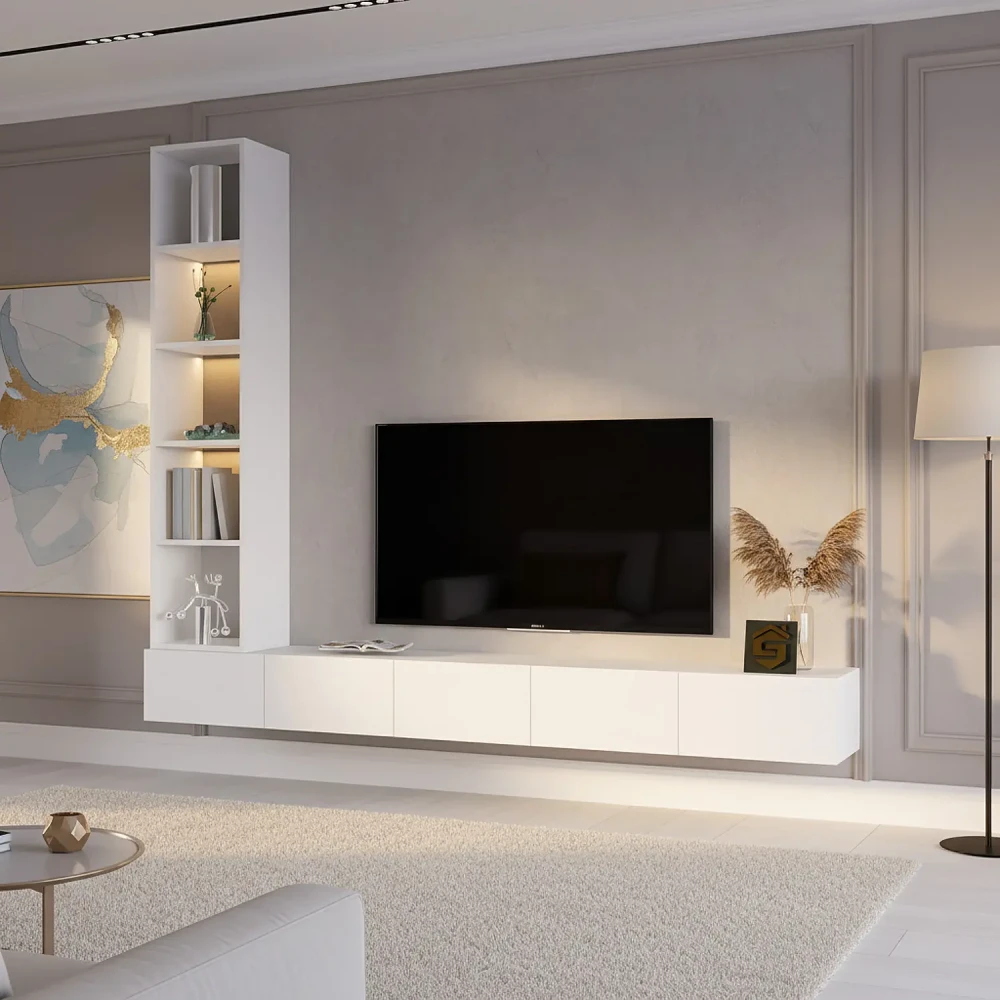 وحدة تلفزيون معلّقة بيضاء مع رفوف مضيئة