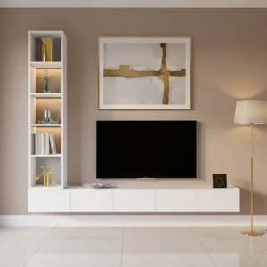 وحدة تلفزيون معلّقة بيضاء مع رفوف مضيئة