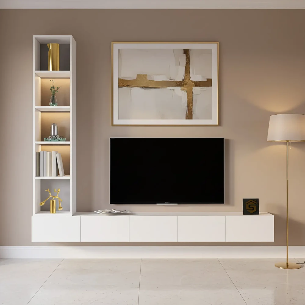 وحدة تلفزيون معلّقة بيضاء مع رفوف مضيئة