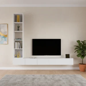 وحدة تلفزيون معلّقة بيضاء مع رفوف مضيئة