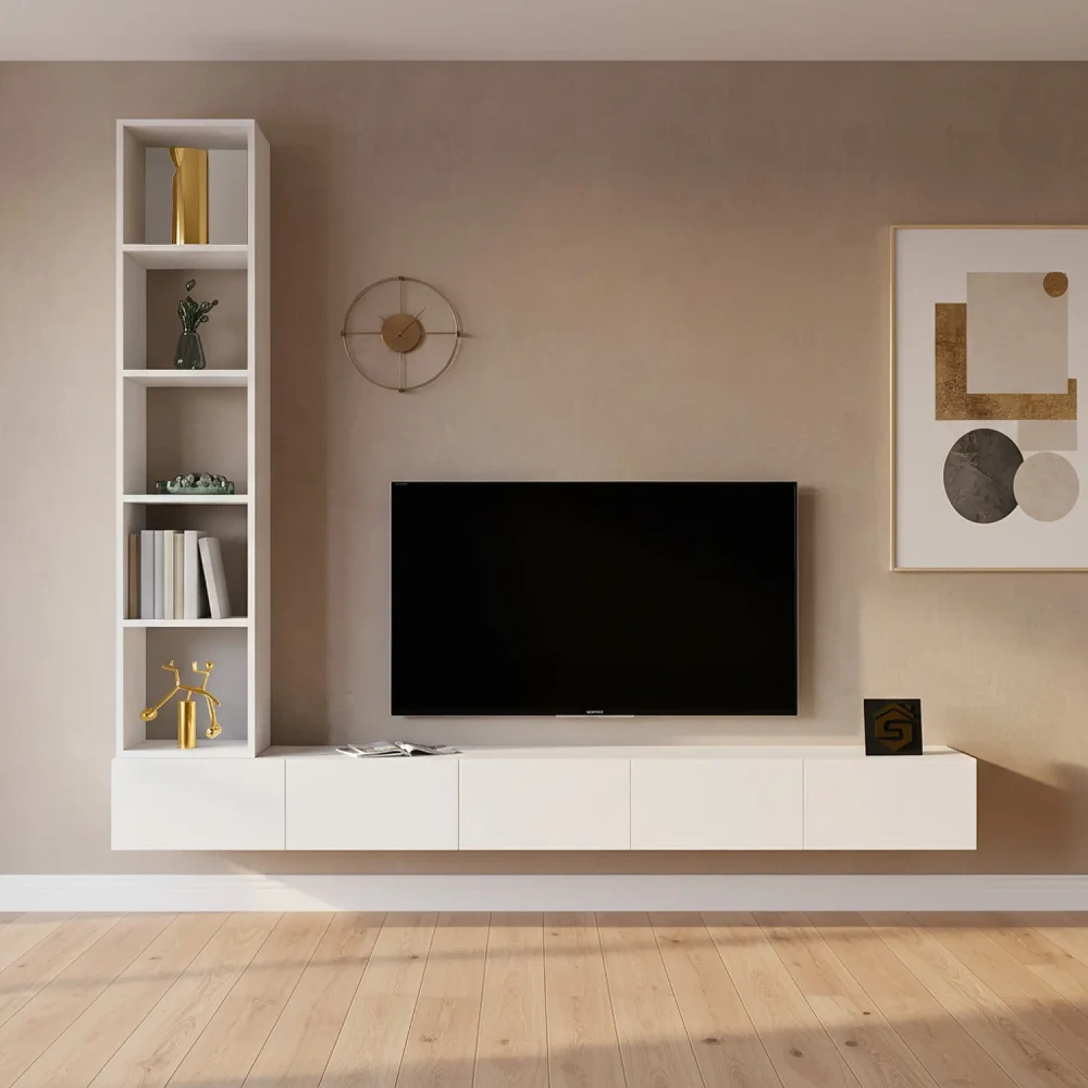 وحدة تلفزيون معلّقة بيضاء مع رفوف مضيئة