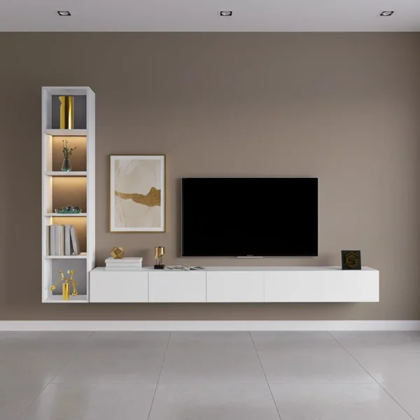 وحدة تلفزيون معلّقة بيضاء مع رفوف مضيئة