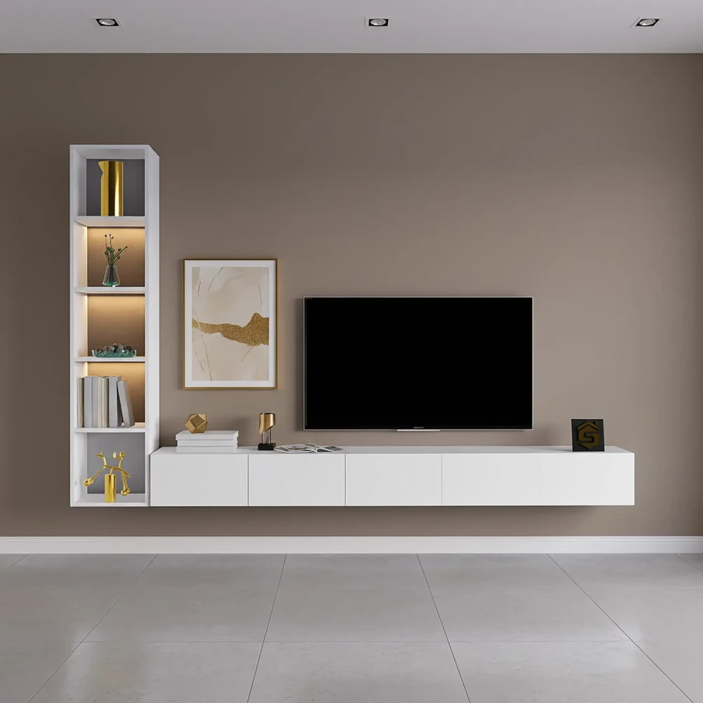 وحدة تلفزيون معلّقة بيضاء مع رفوف مضيئة
