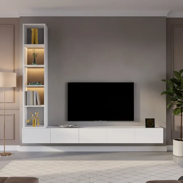 وحدة تلفزيون معلّقة بيضاء مع رفوف مضيئة