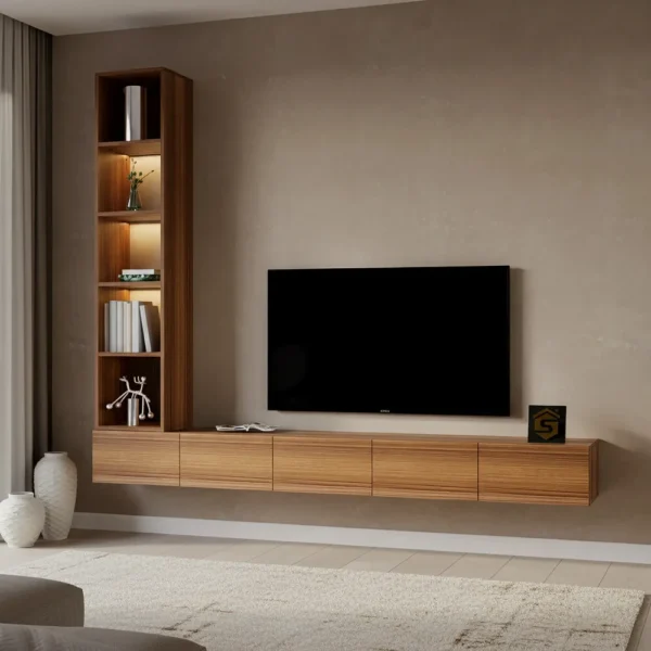 وحده تلفزيون معلقه برفوف بإضاءة جانبية لاسلكية