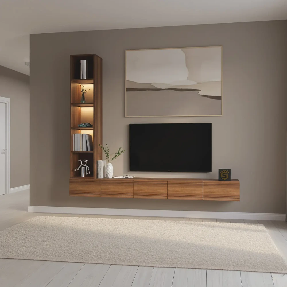 وحده تلفزيون معلقه برفوف بإضاءة جانبية لاسلكية