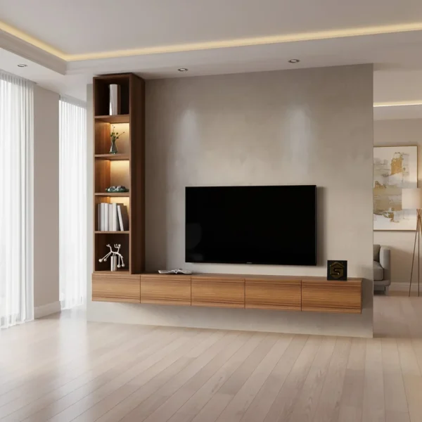 وحده تلفزيون معلقه برفوف بإضاءة جانبية لاسلكية