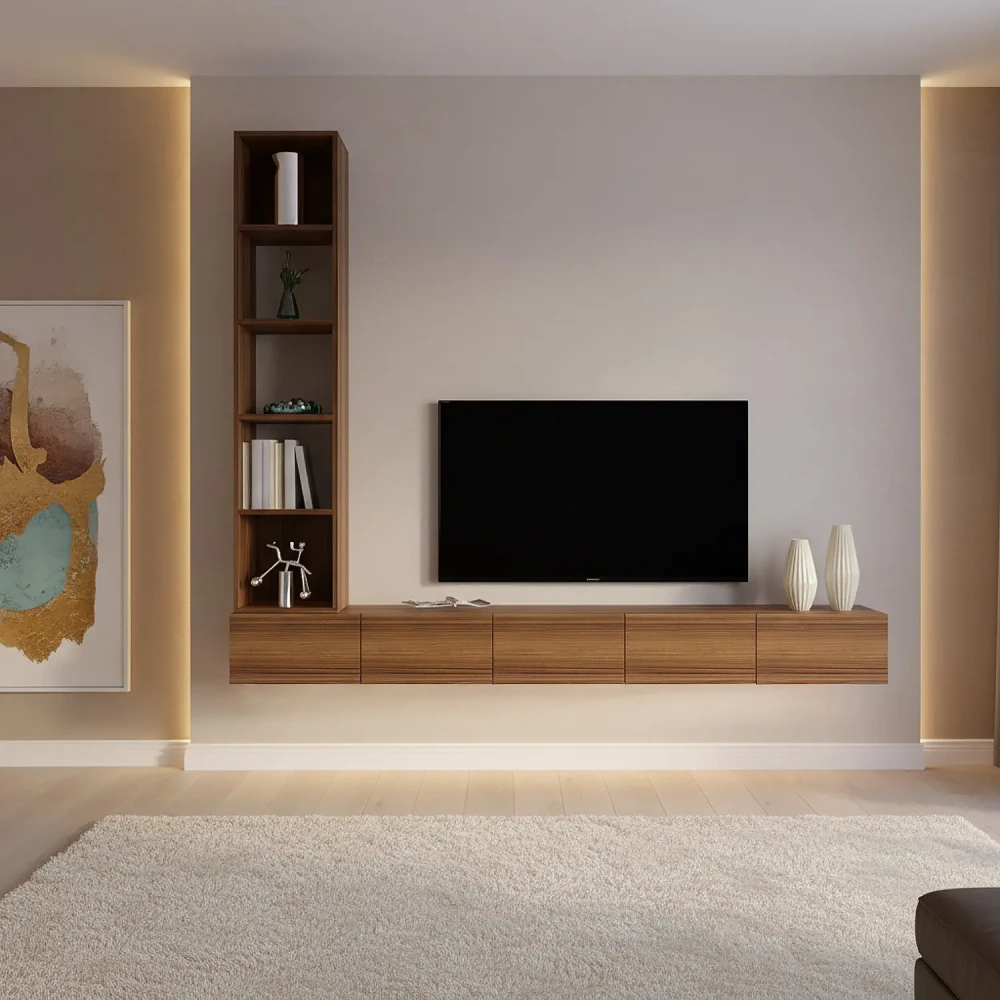 وحده تلفزيون معلقه برفوف بإضاءة جانبية لاسلكية