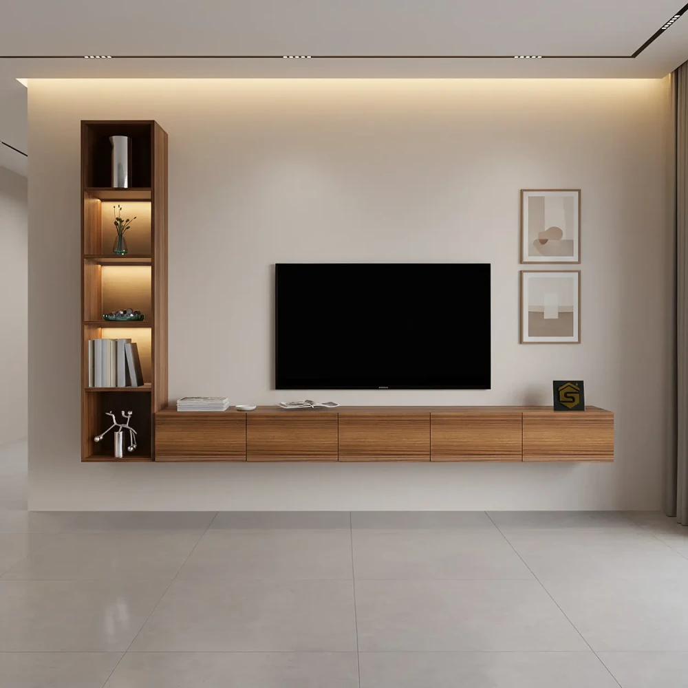 وحده تلفزيون معلقه برفوف بإضاءة جانبية لاسلكية