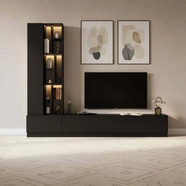 طاولة تلفزيون مع وحدة جانبية مضاءة لون أسودطاولة تلفزيون مع وحدة جانبية مضاءة لون أسود