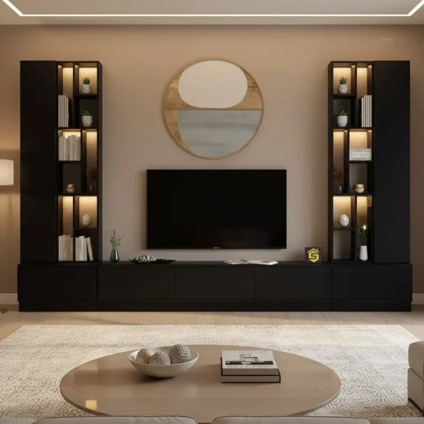 طاولة تلفزيون مع وحدة جانبية مضاءة لون أسود