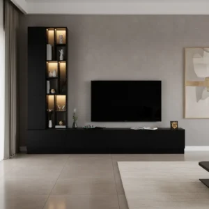 طاولة تلفزيون مع وحدة جانبية مضاءة لون أسود