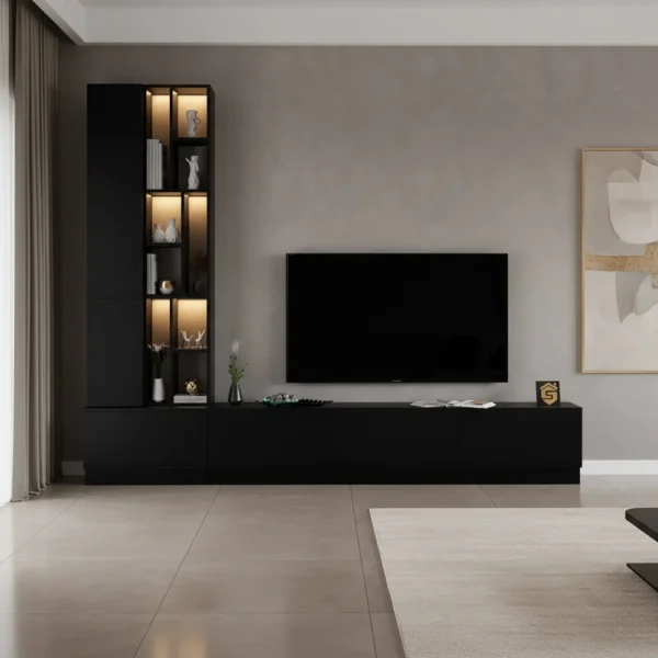 طاولة تلفزيون مع وحدة جانبية مضاءة لون أسود