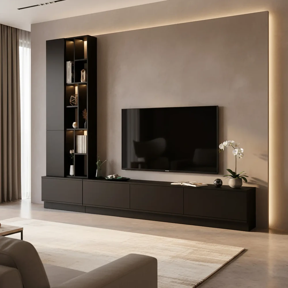 طاولة تلفزيون مع وحدة جانبية مضاءة لون أسود