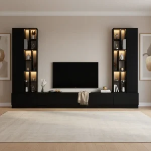 طاولة تلفزيون مع وحدة جانبية مضاءة لون أسود