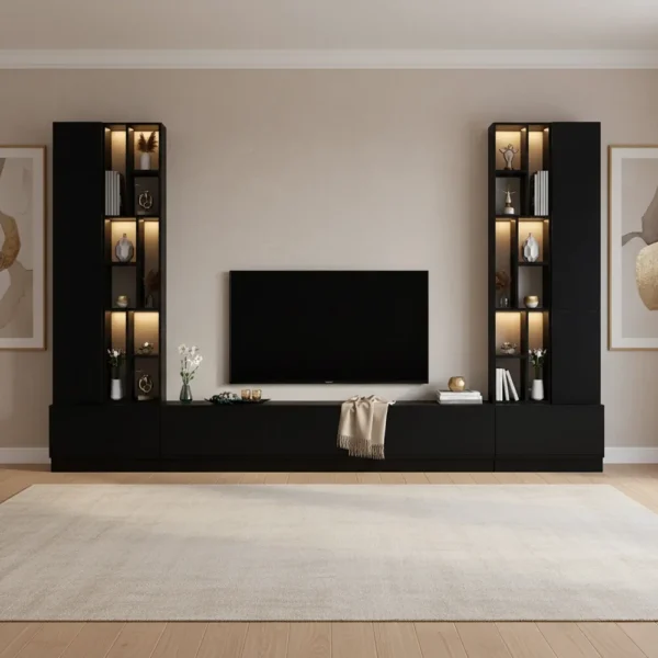 طاولة تلفزيون مع وحدة جانبية مضاءة لون أسود