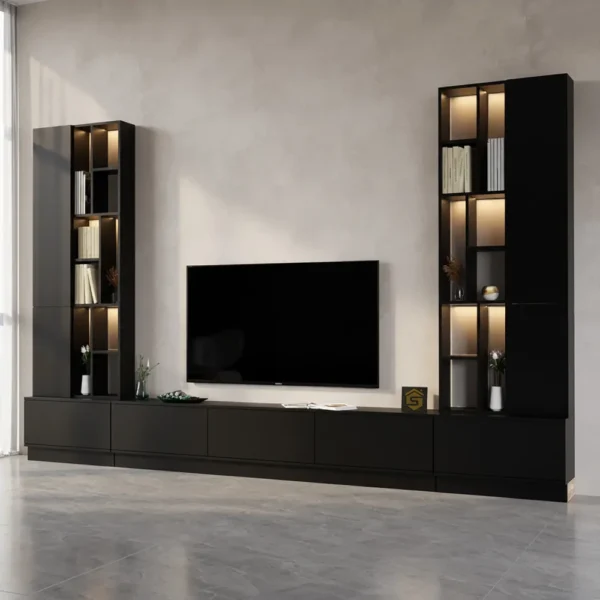 طاولة تلفزيون مع وحدة جانبية مضاءة لون أسود