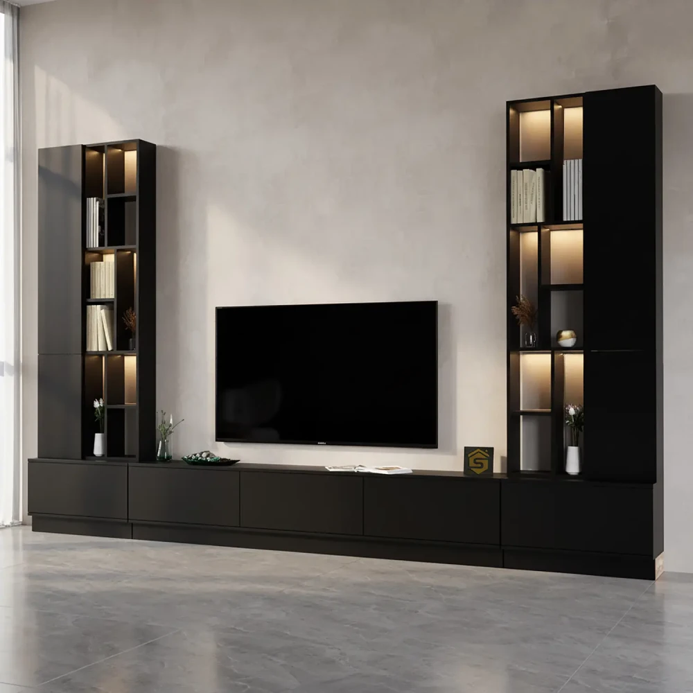 طاولة تلفزيون مع وحدة جانبية مضاءة لون أسود