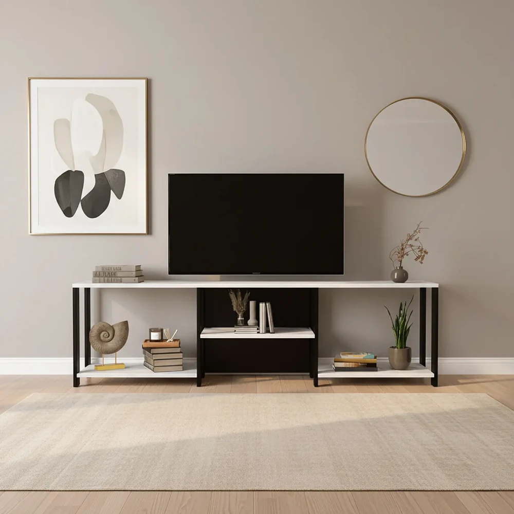 طاولة تلفزيون تصميم عصري بأرفف عملية