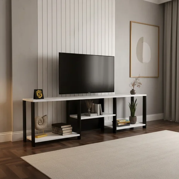 طاولة تلفزيون تصميم عصري بأرفف عملية