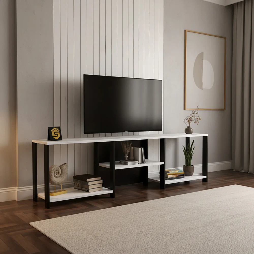طاولة تلفزيون تصميم عصري بأرفف عملية