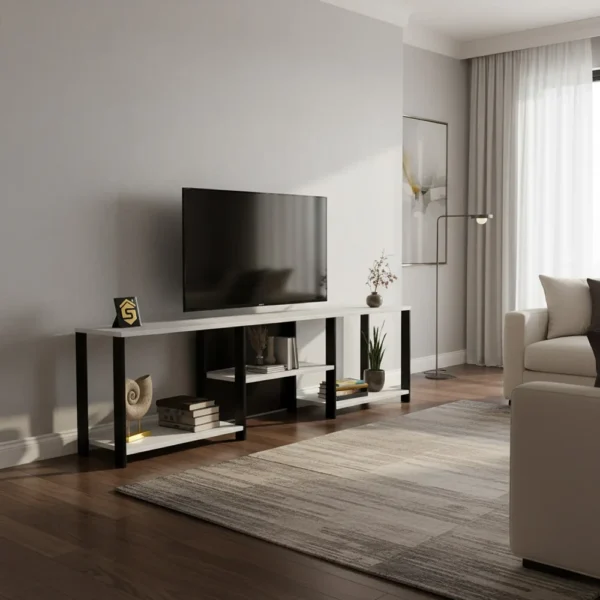 طاولة تلفزيون تصميم عصري بأرفف عملية