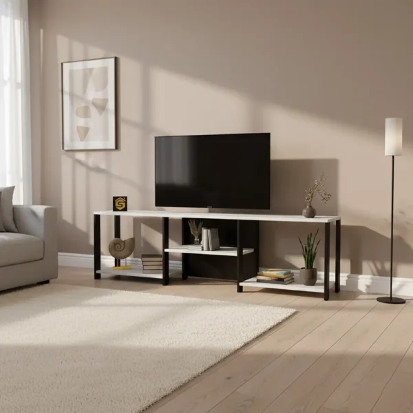 طاولة تلفزيون تصميم عصري بأرفف عملية