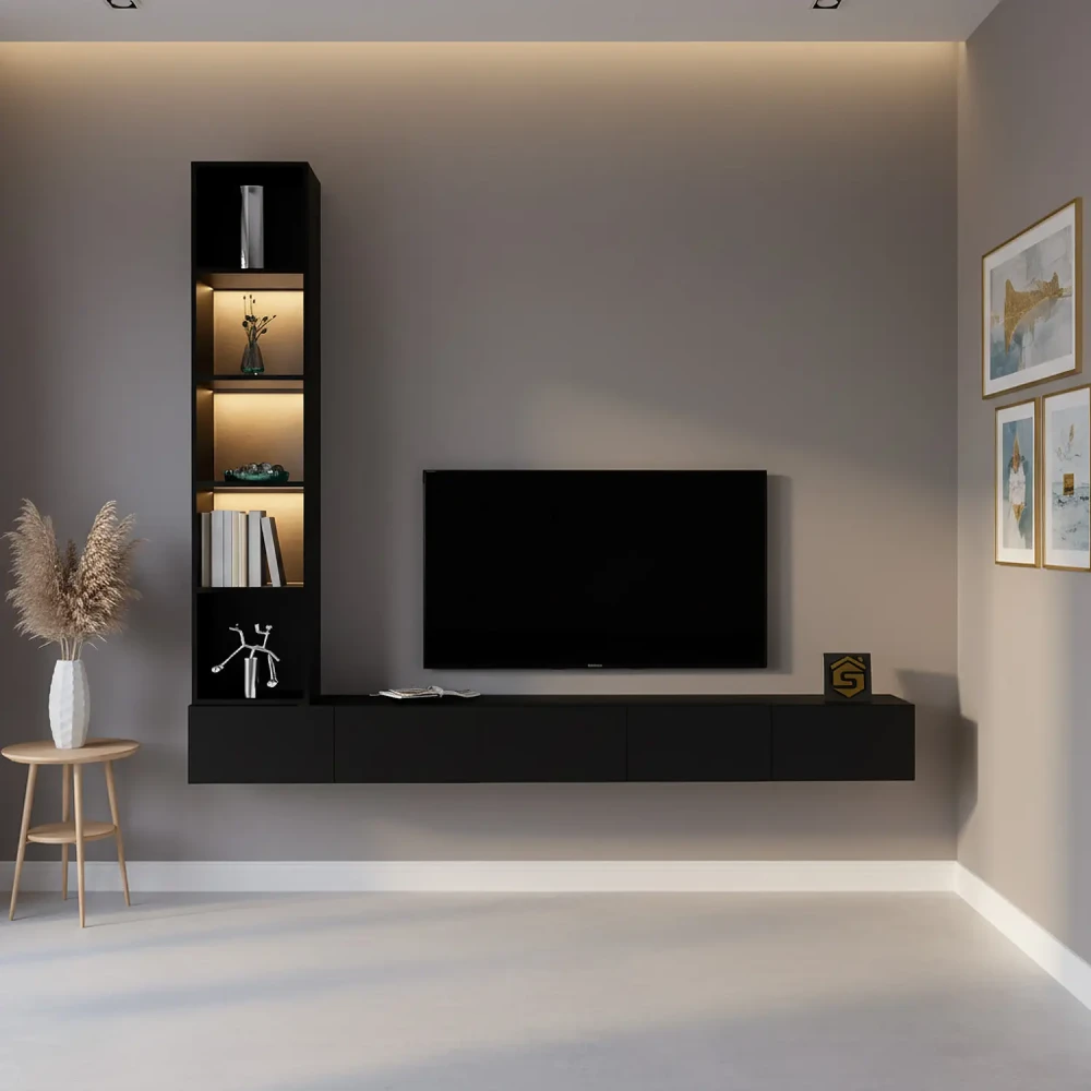 طاولة تلفزيون جدارية برفوف جانبية مضيئة بدون أسلاك