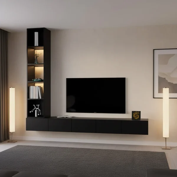 طاولة تلفزيون جدارية برفوف جانبية مضيئة بدون أسلاك