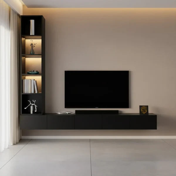 طاولة تلفزيون جدارية برفوف جانبية مضيئة بدون أسلاك