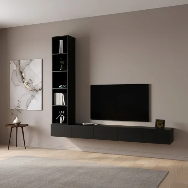 طاولة تلفزيون جدارية برفوف جانبية مضيئة بدون أسلاك