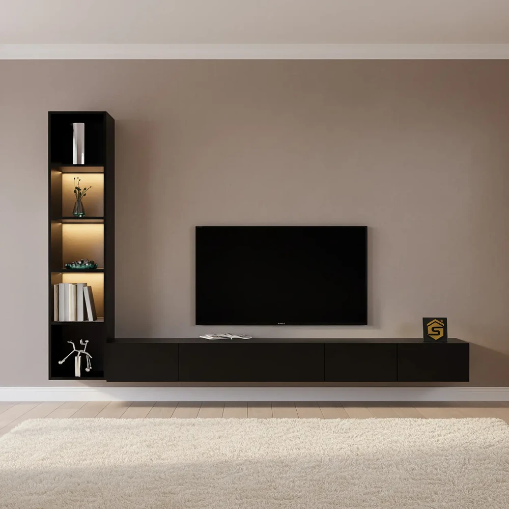 طاولة تلفزيون جدارية برفوف جانبية مضيئة بدون أسلاك