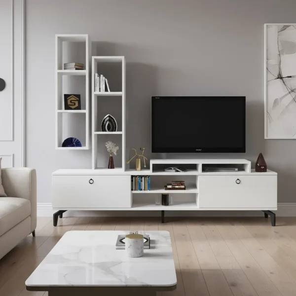 طاولة شاشة مع رفوف لون أبيض 17