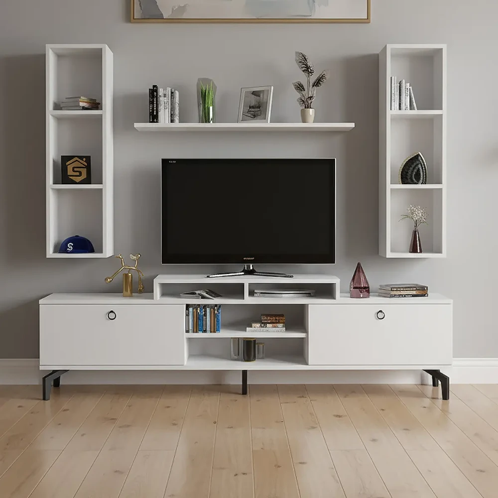 طاولة شاشة مع رفوف لون أبيض 17