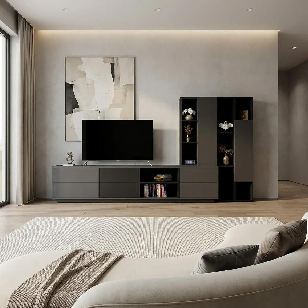 مكتبة تلفزيون متعددة الاستخدامات بأرفف وأدراج ودرف