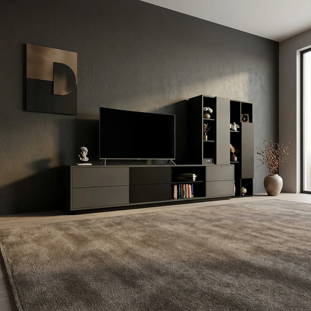 مكتبة تلفزيون متعددة الاستخدامات بأرفف وأدراج ودرف