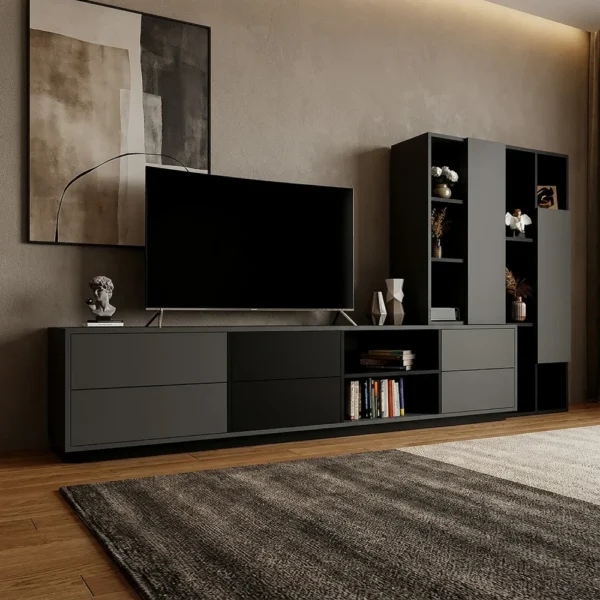 مكتبة تلفزيون متعددة الاستخدامات بأرفف وأدراج ودرف