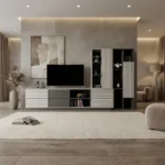 وحدة تلفزيون بأرفف وأدراج بلون رمادي درجتين