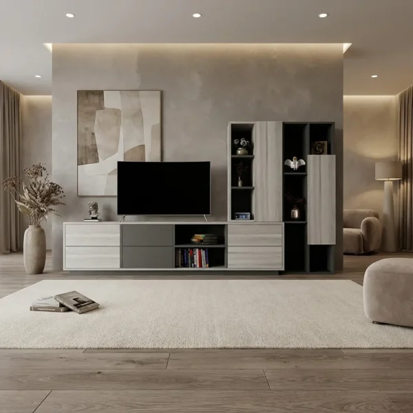 وحدة تلفزيون بأرفف وأدراج بلون رمادي درجتين (1) وحدة تلفزيون بأرفف وأدراج بلون رمادي درجتين