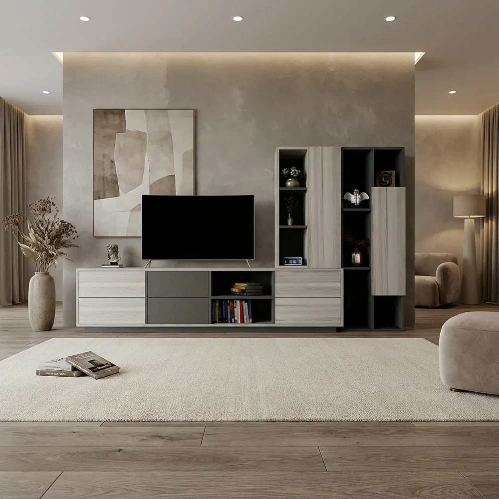 وحدة تلفزيون بأرفف وأدراج بلون رمادي درجتين