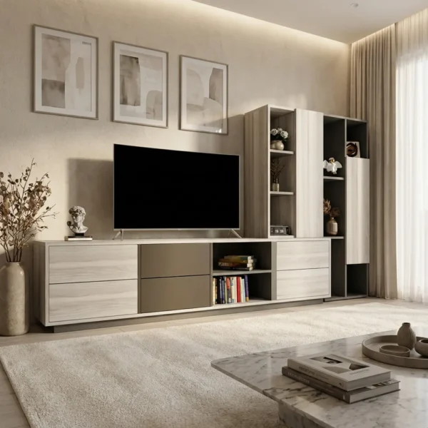 وحدة تلفزيون بأرفف وأدراج بلون رمادي درجتين