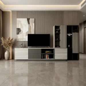 وحدة تلفزيون بأرفف وأدراج بلون رمادي درجتين