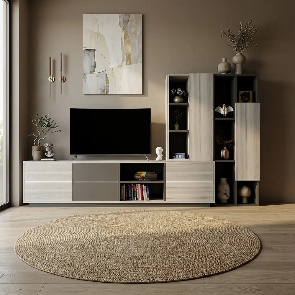 وحدة تلفزيون بأرفف وأدراج بلون رمادي درجتين