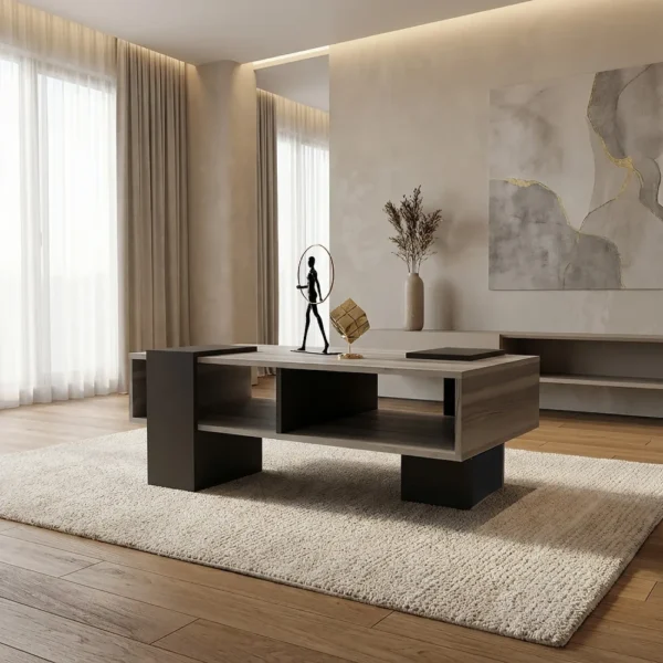 طاولة وسط رمادي بدرجتين مع رف داخلي